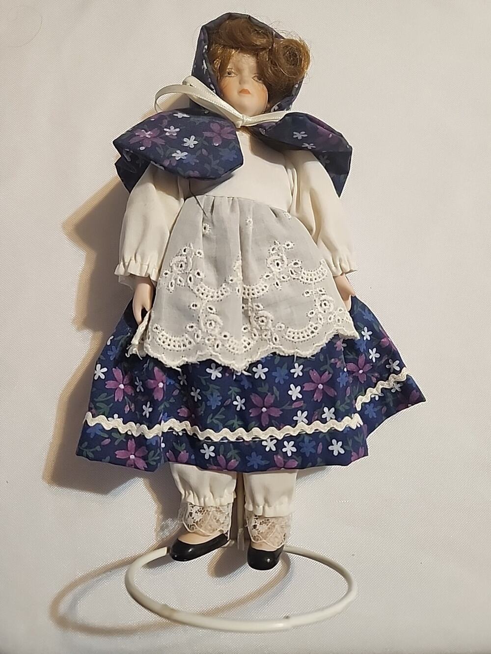 International Doll Porcelain Blue White Floral Dress Red Hair 8.5" Vintage Stand